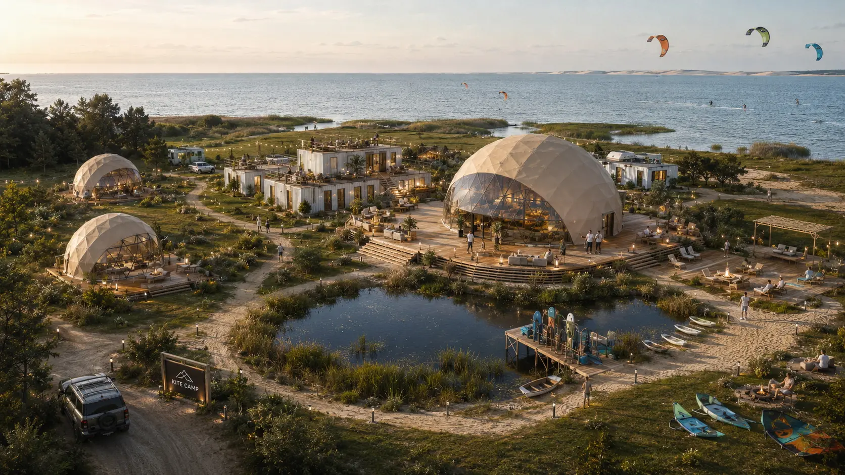 Concept view of a coastal glamping resort with accommodation and shared activity spaces