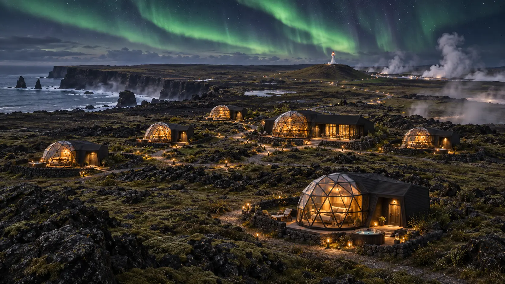 Illustrative low-impact dome resort in volcanic Arctic terrain beneath the northern lights