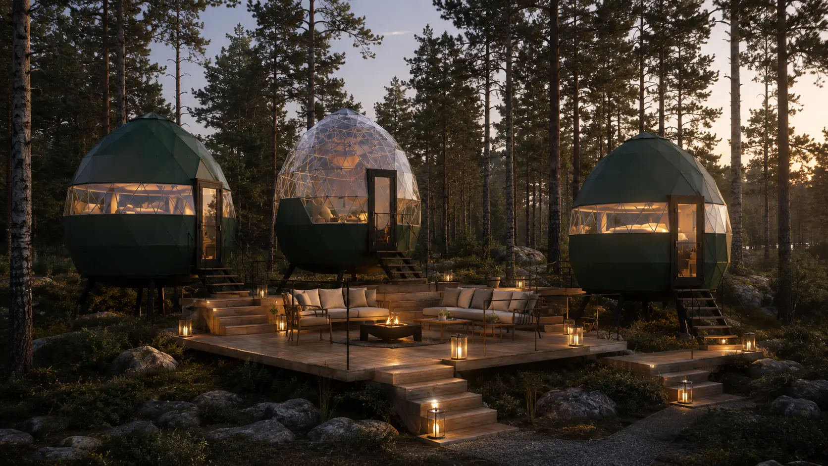 Illustrative crystal and tree accommodation units around a shared forest deck