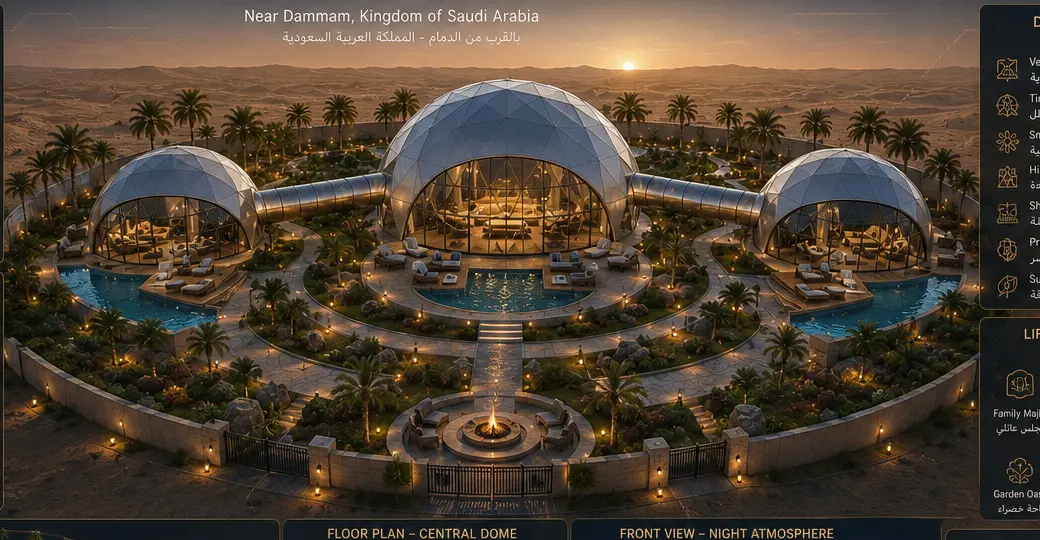 Illustrative desert oasis resort concept with connected private domes, a shared central dome and pools