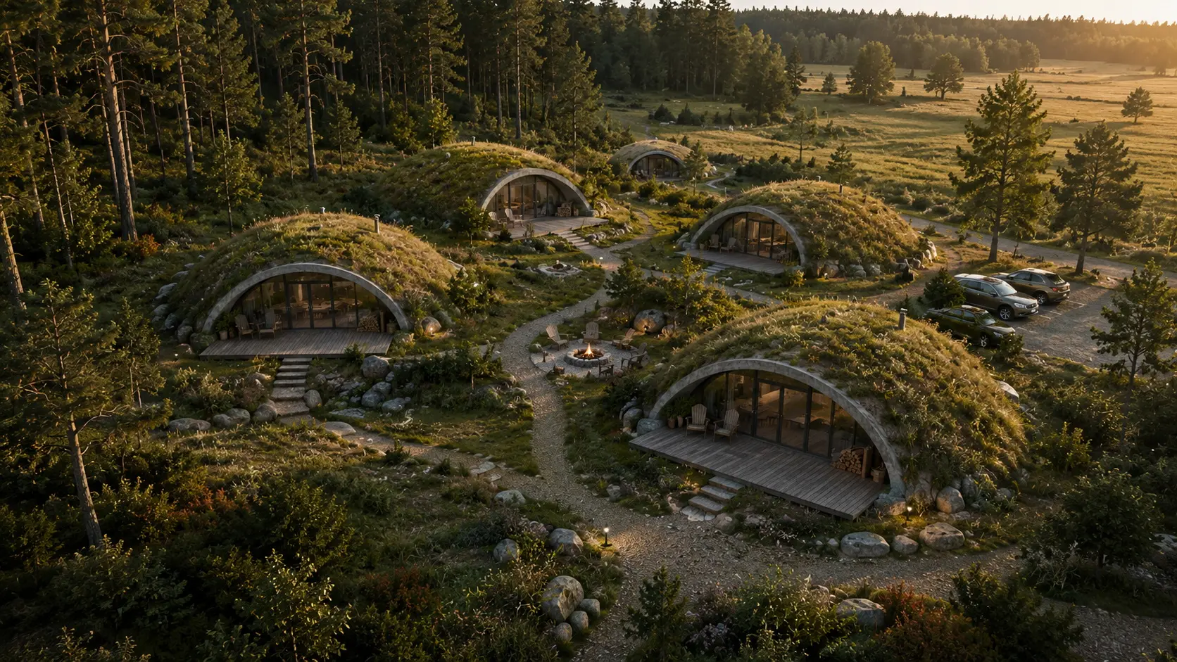 Illustrative earth-sheltered resort village integrated into a gently rolling landscape