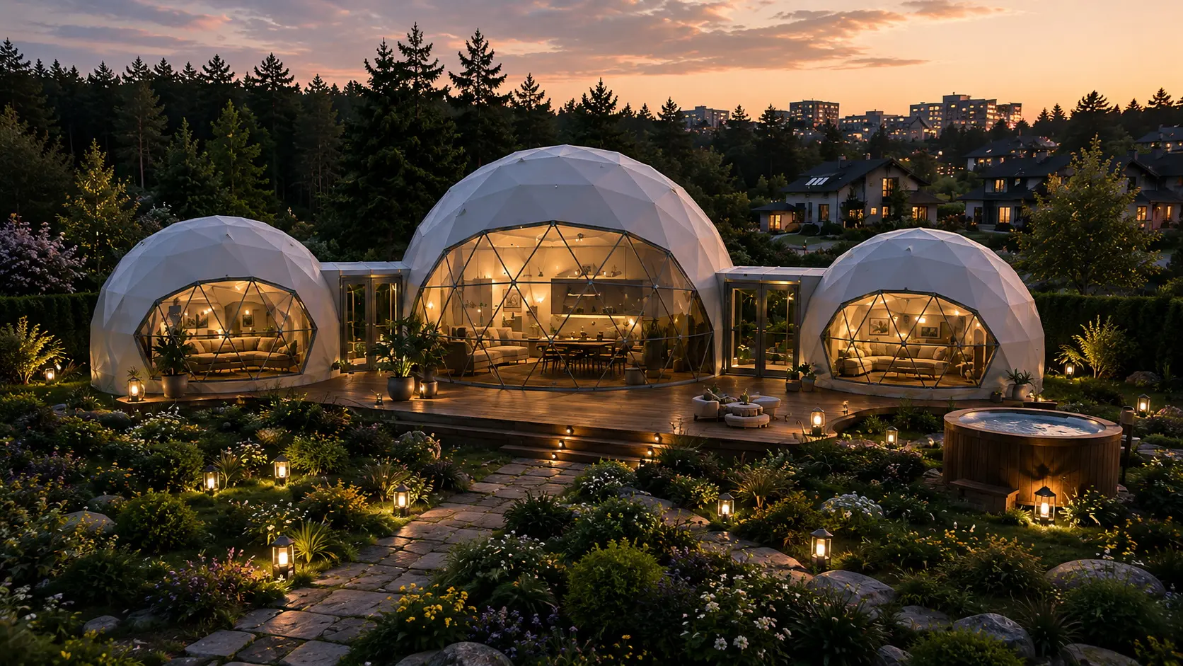Illustrative landscaped resort campus with several domes for hospitality, dining and events