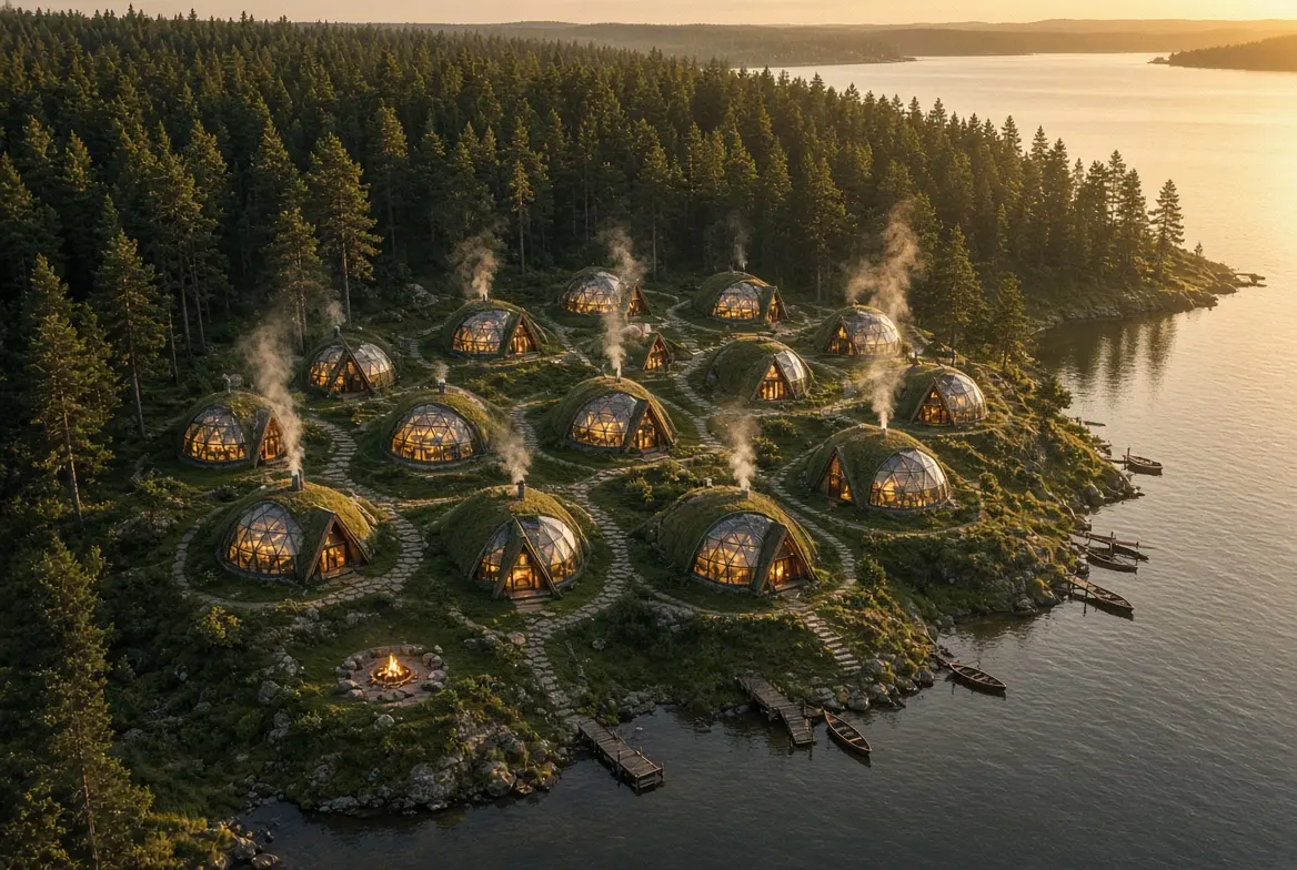 Illustrative lakeside forest resort with low-profile turf-covered accommodation clusters