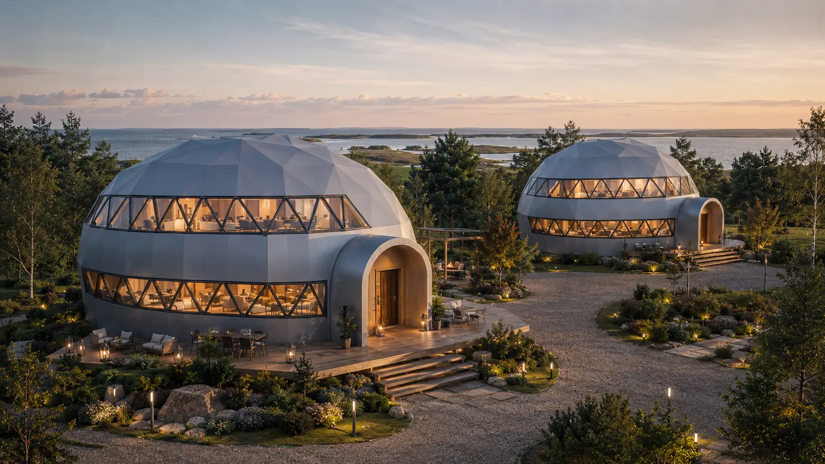 Illustrative multi-level dome hotel buildings in a landscaped destination