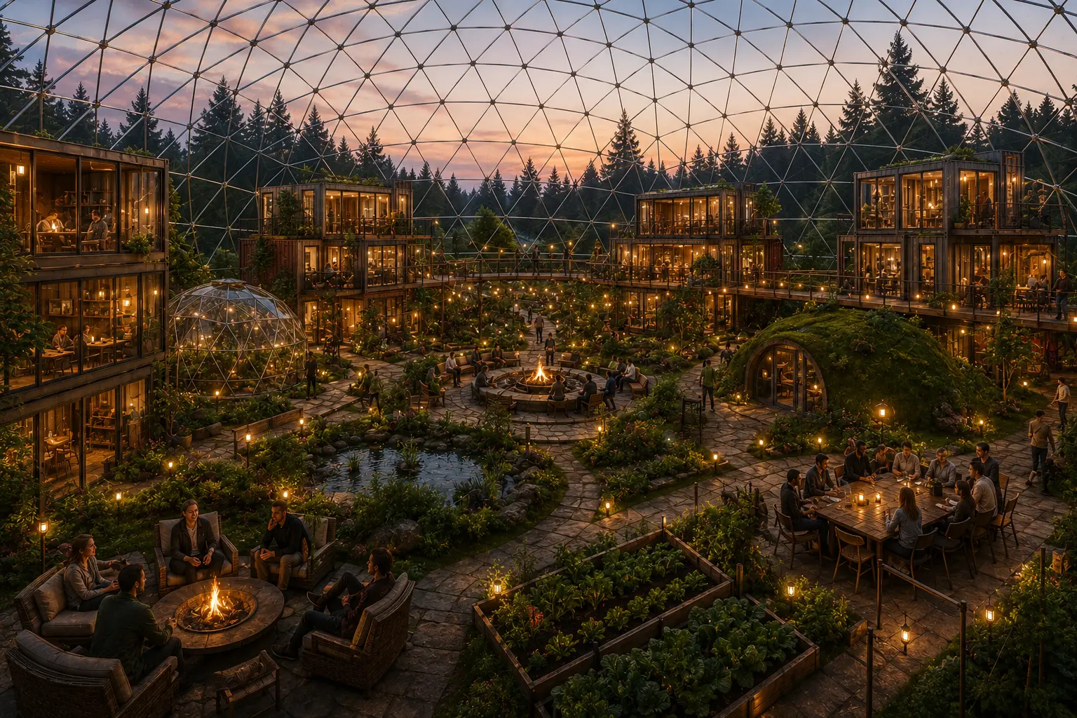 Conceptual eco community with shared gardens and common spaces beneath a large dome
