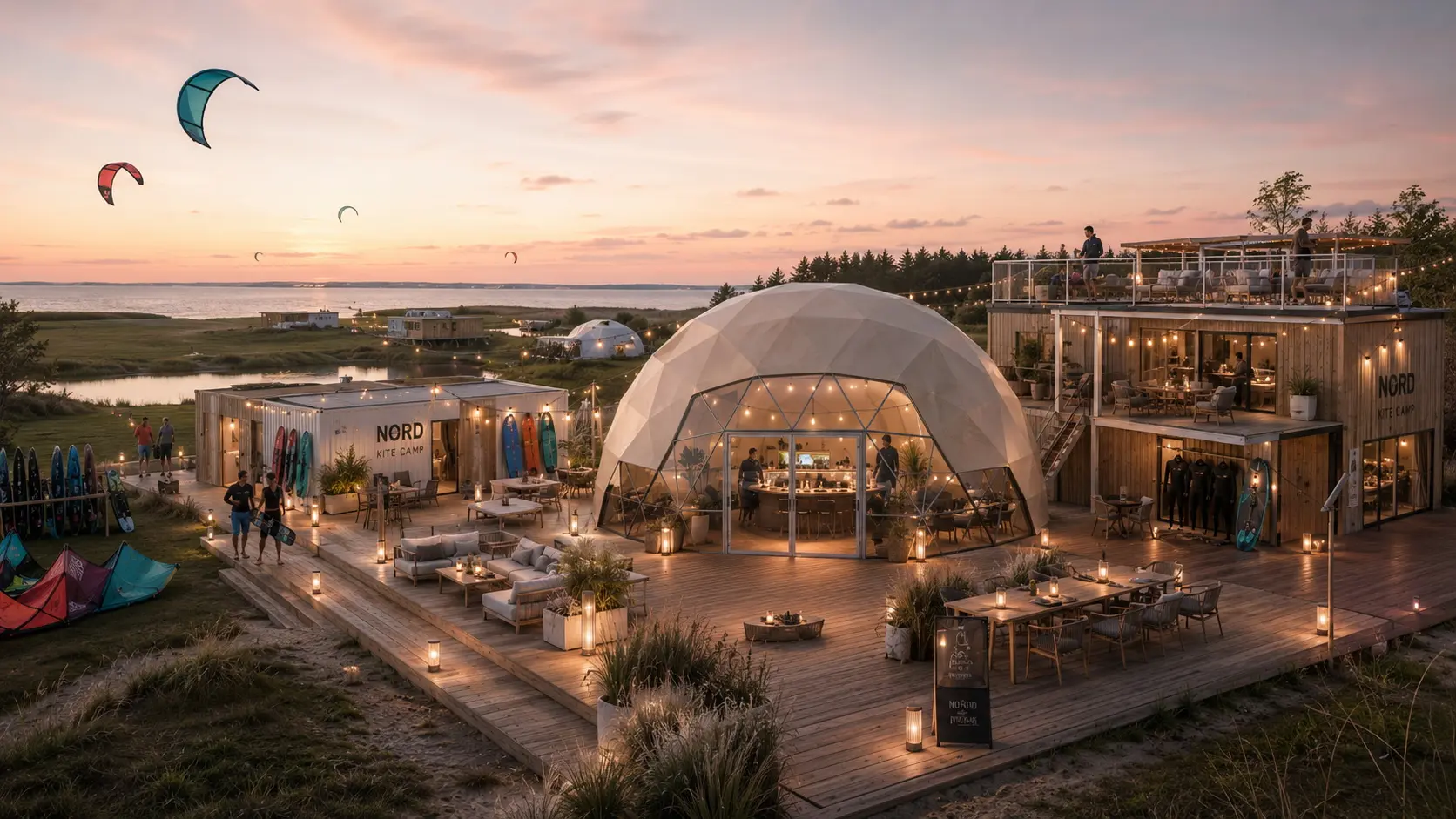 Concept shared resort hub with restaurant, lounge and activity services