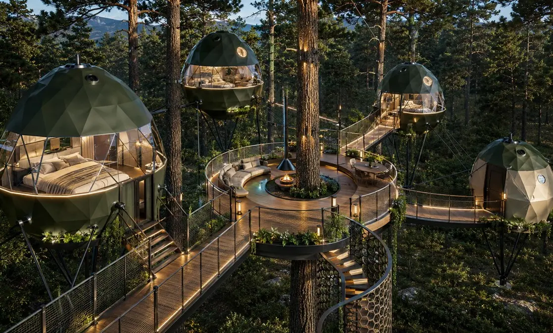 Conceptual tree village with private units connected by elevated paths