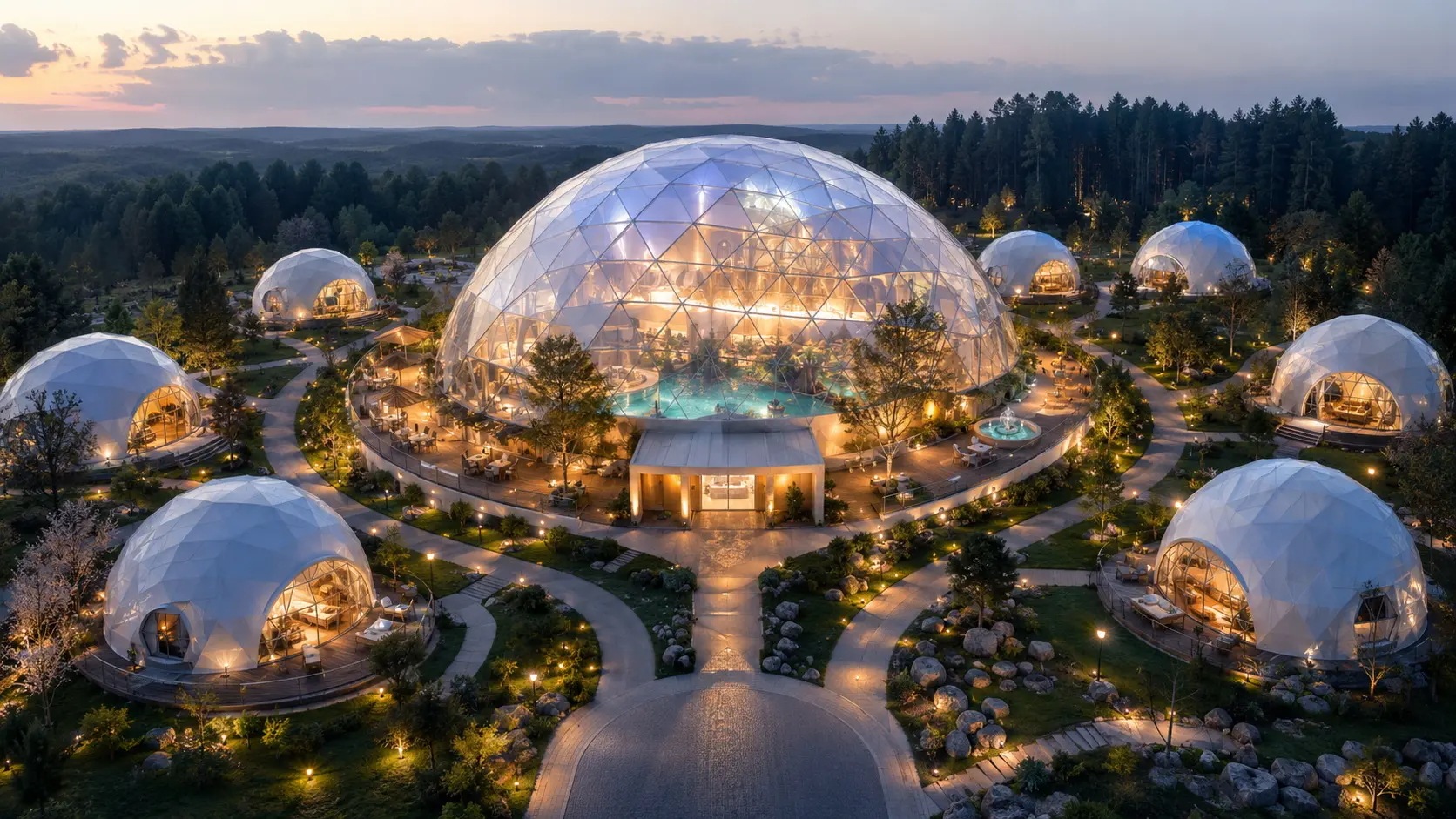 Concept wellness resort with a large central spa dome and accommodation units